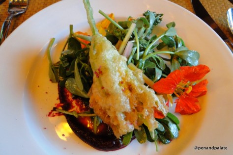 Purslane salad with goat cheese stuffed squash blossom fritter, Ciao Thyme, Bellingham, WA