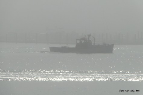 lobster boat in fog, Portland, Maine