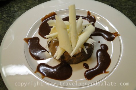 Kona coffee crème with salted chocolate caramel macadamia nut sauce