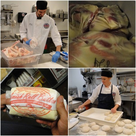 Locally sourced ingredients: bones for stocks, sous vide local duck, local Amish butter, breads made on site with locally milled flour