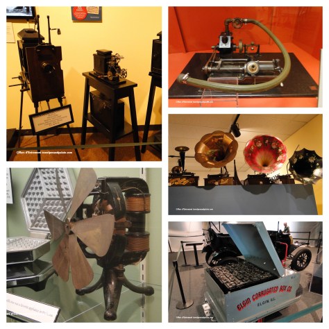 (clockwise left) motion picture projectors, water powered cylinder phonograph c.1890, early record players, electric industrial tractor c.1917, Edison Manufacturing Co. electric fan c. 1900
