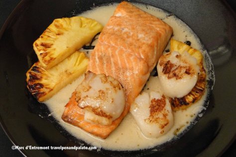 Sautéed salmon and scallops with caramelized pineapple and vanilla sauce